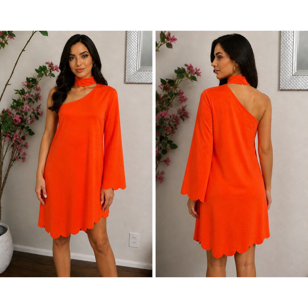 Medium Coral One Shoulder Asymmetrical Dress Choker Neck Midi Dress NWT